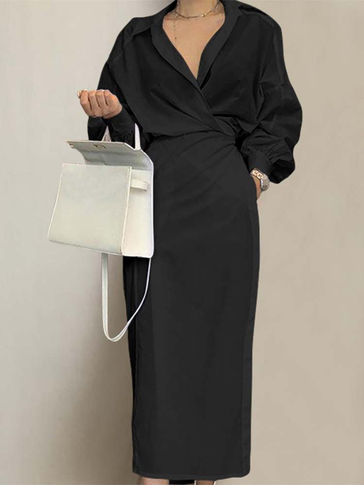 Long Sleeve Elegant Belted Casual Pleated Midi Dress