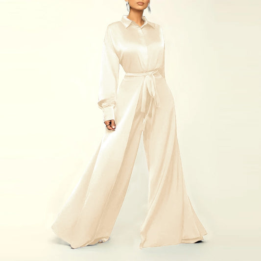 Satin Silk Lapel Long Sleeve Belted Wide Leg Pant Jumpsuit