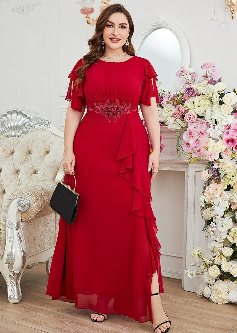 Ruffle Applique Crew Neck Maxi Dress