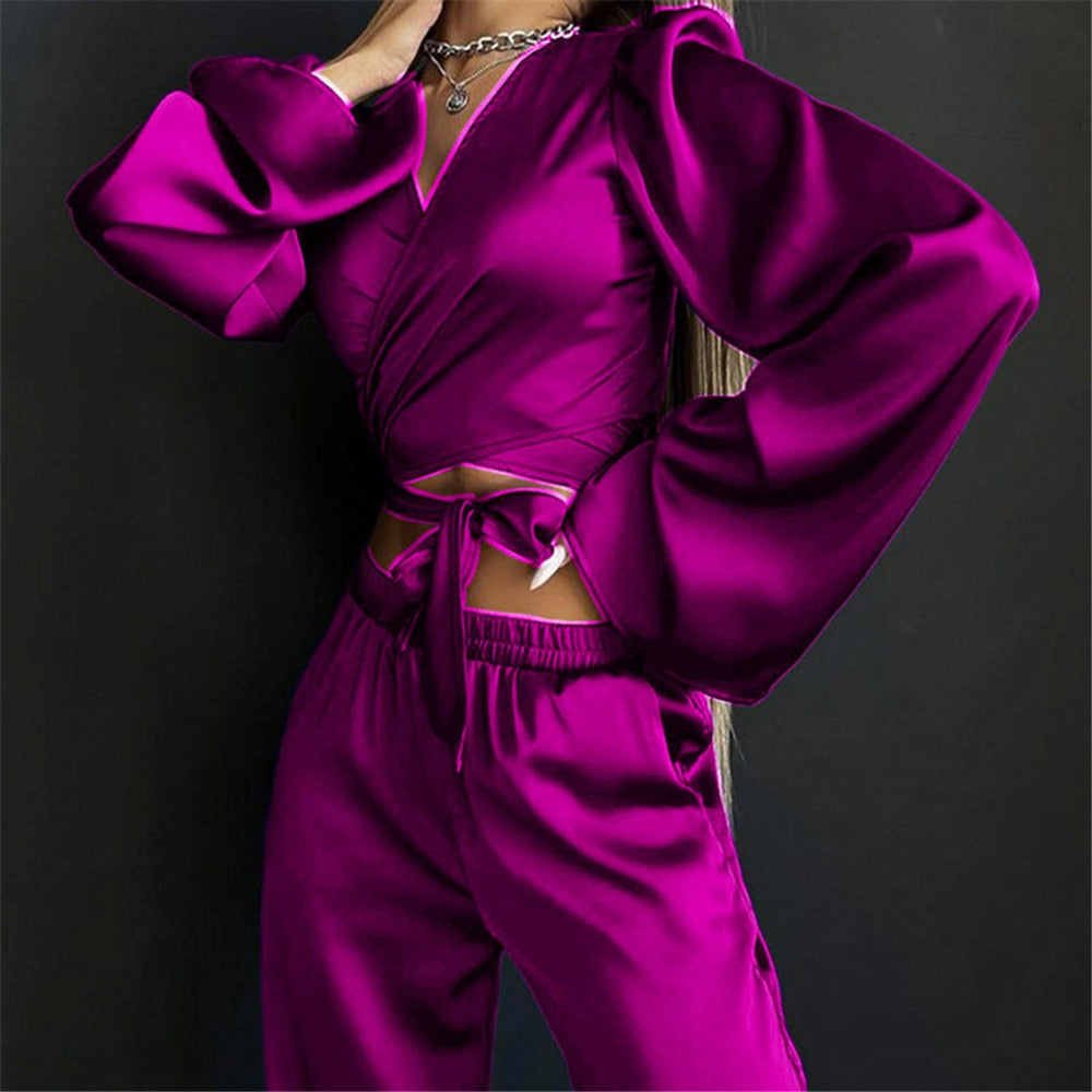 V-neck Satin Two Piece Cross Lace Up Cropped Long Sleeve Tops & Wide Leg Pants Suit