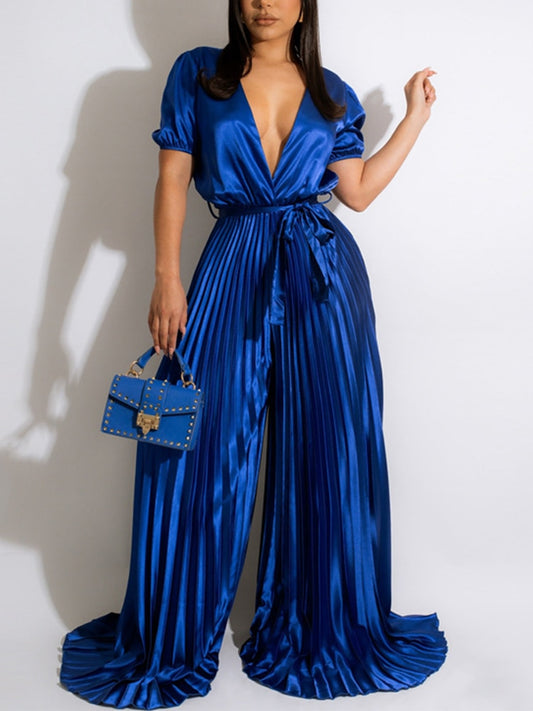 V Neck Satin Pleated Elegant Loose Wide Leg Jumpsuits