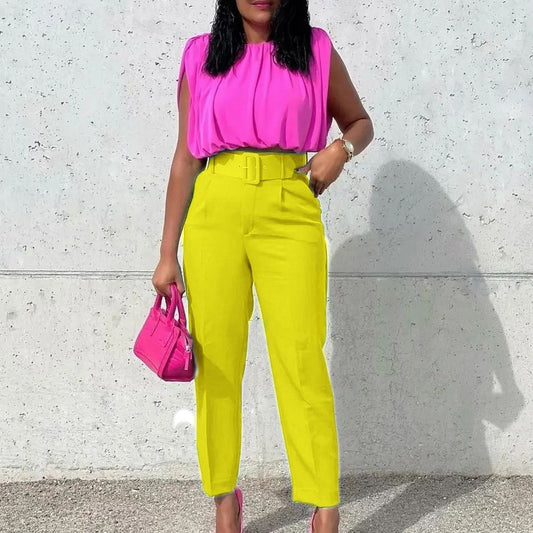 Casual High Waist Cropped Pocket Trousers with Belt