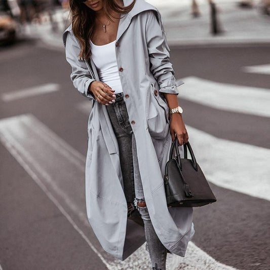 Autumn Trench Long Sleeve Cardigan Style With Pocket Turn-Down Collar Coat