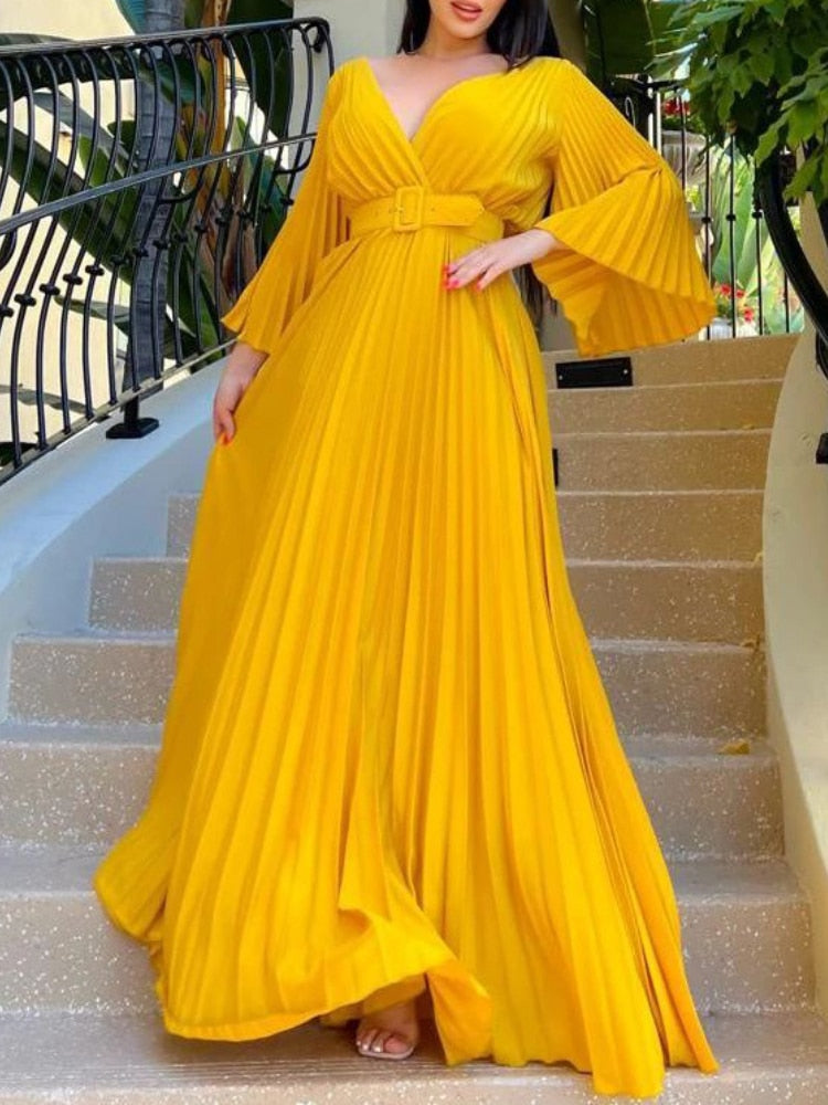 Pleated V Neck Long Flare Sleeve with Belt Maxi Dress