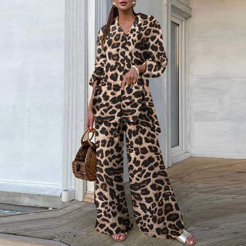 Leopard Print Wide Leg Pant & Loose Top Two Piece Set