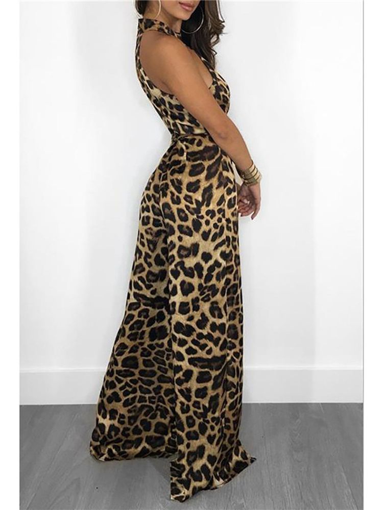 Leopard Printed Lace-up Sleeveless High Waist Backless Jumpsuits