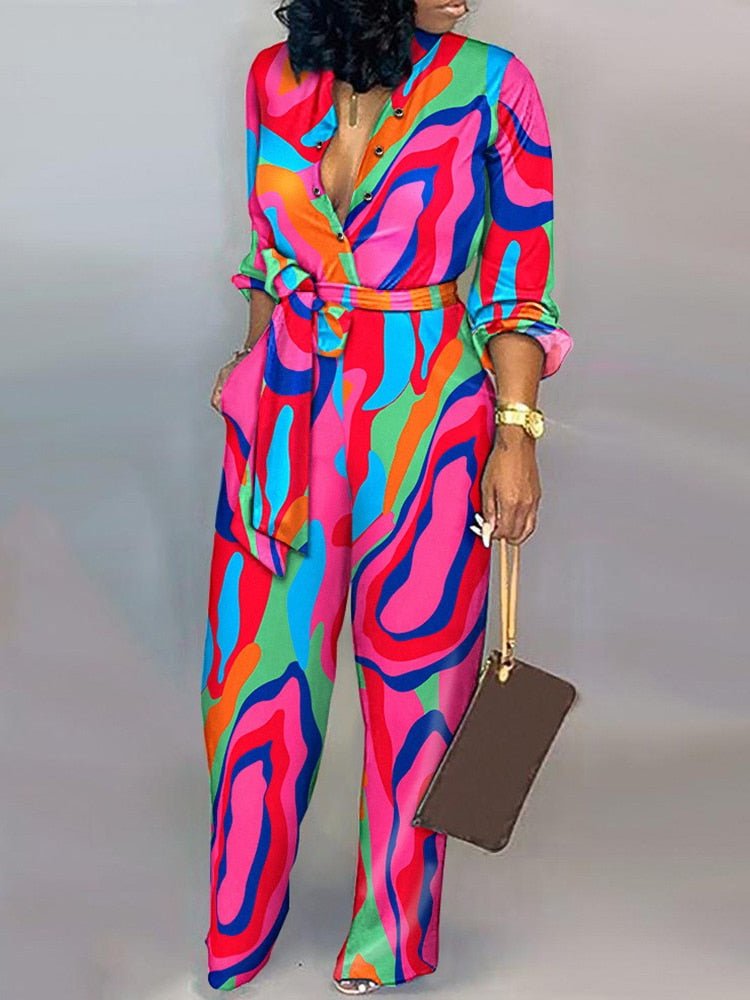 Autumn Abstract Print Belted Jumpsuit