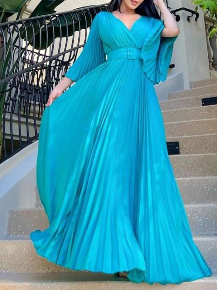 Pleated V Neck Long Flare Sleeve with Belt Maxi Dress