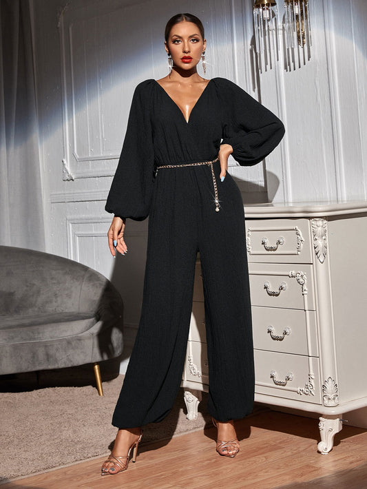 Deep V-neck Loose Casual Long Sleeve Slim Jumpsuit