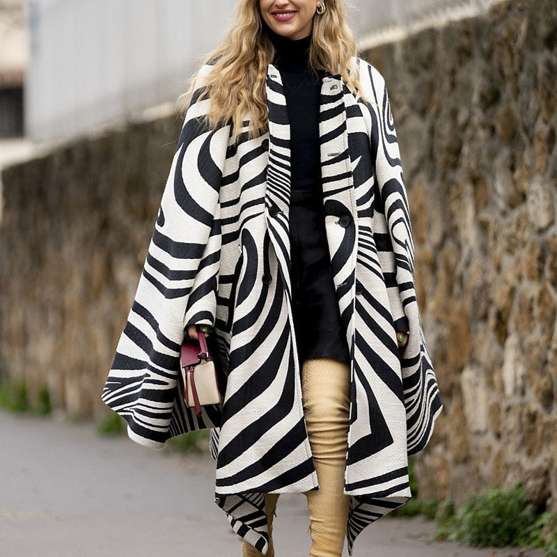 Wool Stripe Long Sleeve Scarf Collar Streetwear Coats