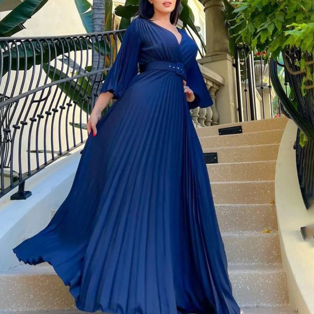 Pleated V Neck Long Flare Sleeve with Belt Maxi Dress