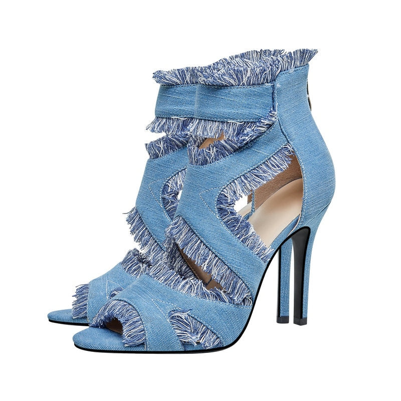 Denim Jeans Peep Toe Zip Up Cut-out Heeled Sandals With Fringe Tassels