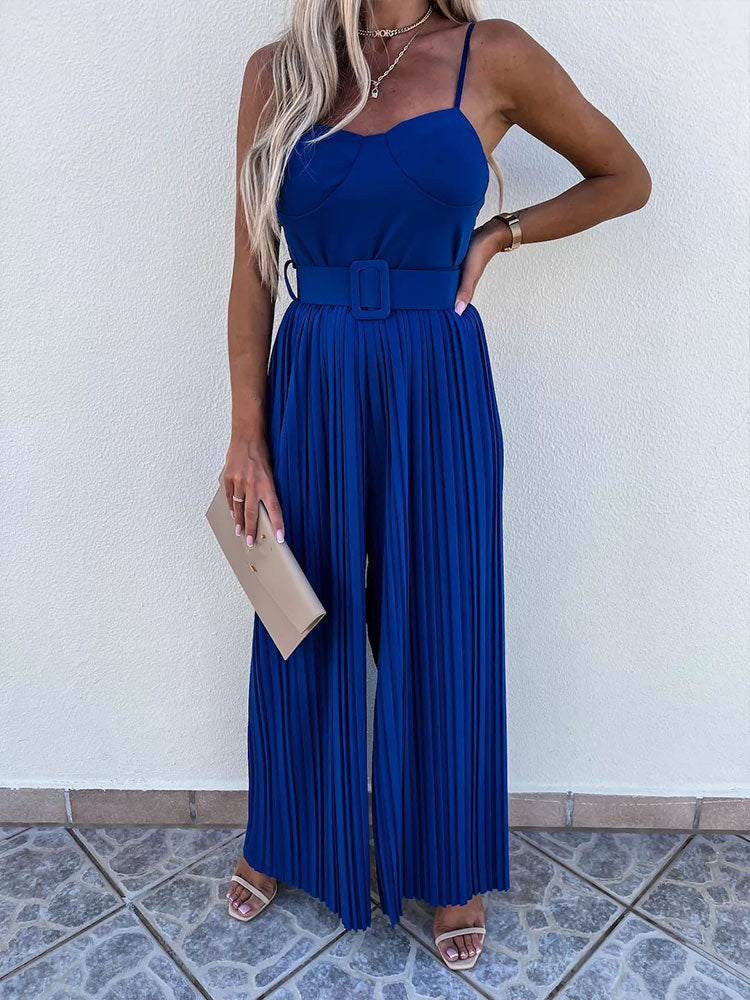 Spaghetti Strap Wide Leg Long Casual Jumpsuit with Belt