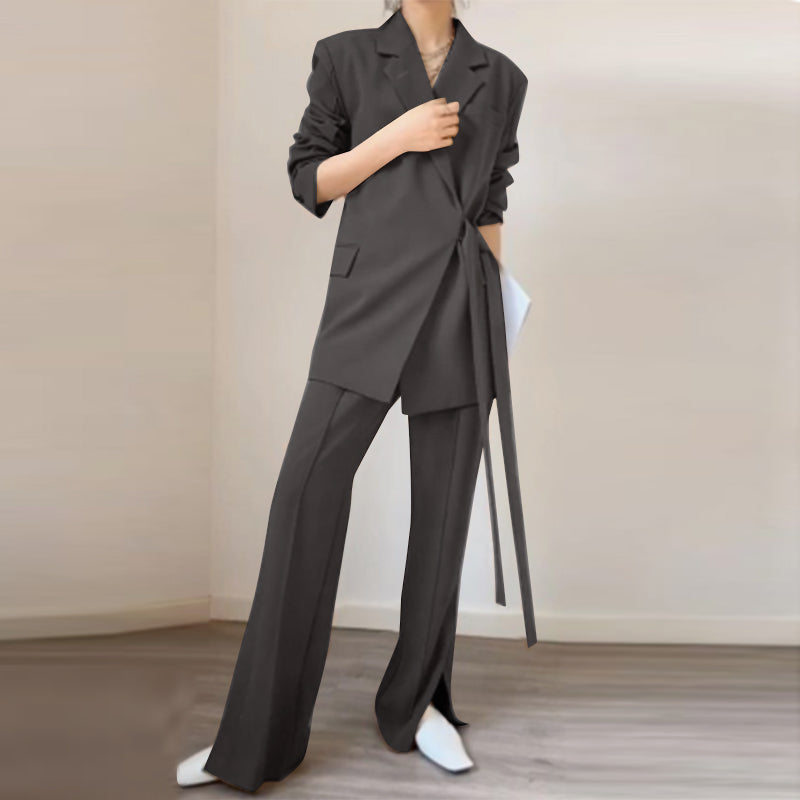 Lapel Full Sleeve Blouse Blazer And Lace Up Loose Elegant Vintage Casual Pants