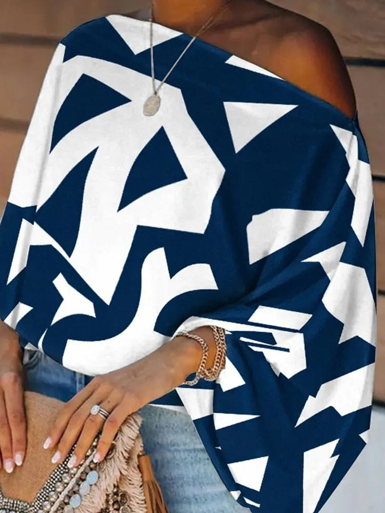 Off-Shoulder Printed Loose Blusa Pullover Tops