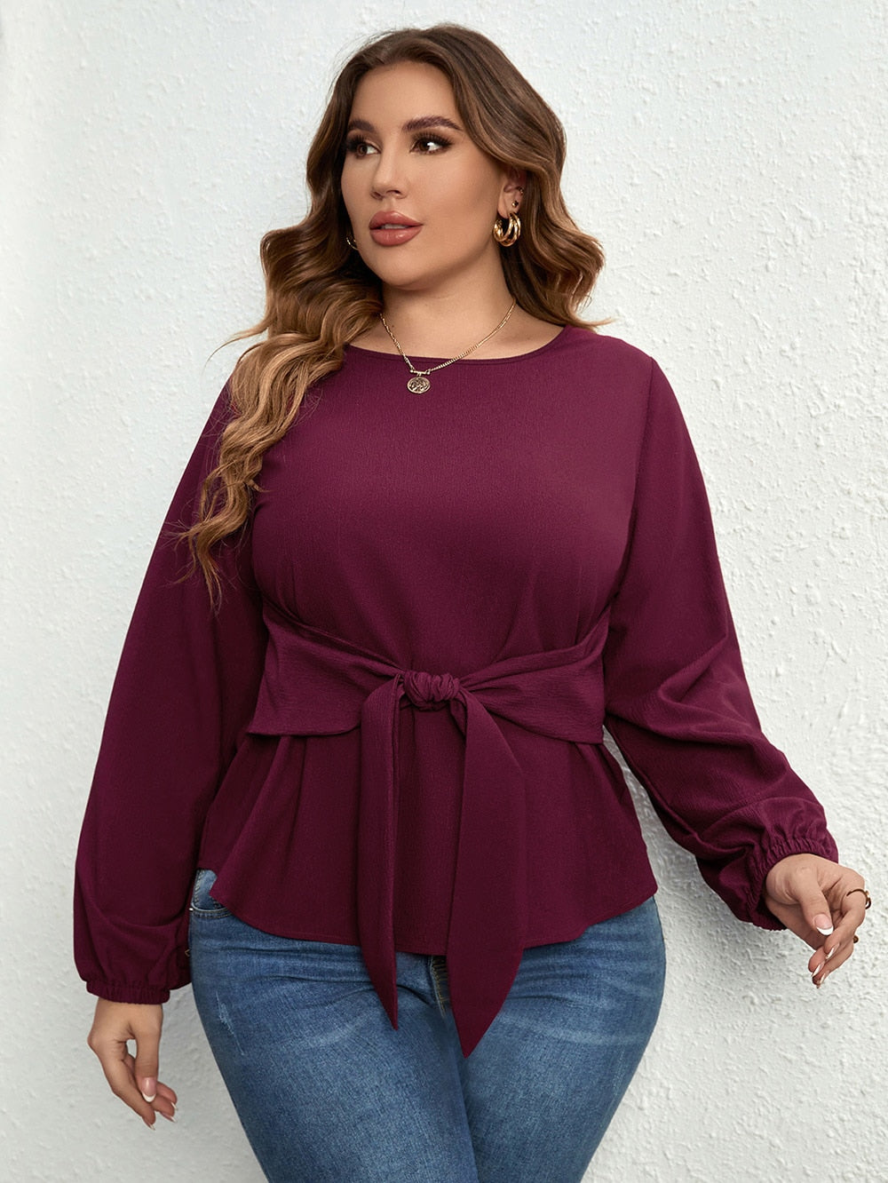 Tie Front Round Neck Solid Blouse