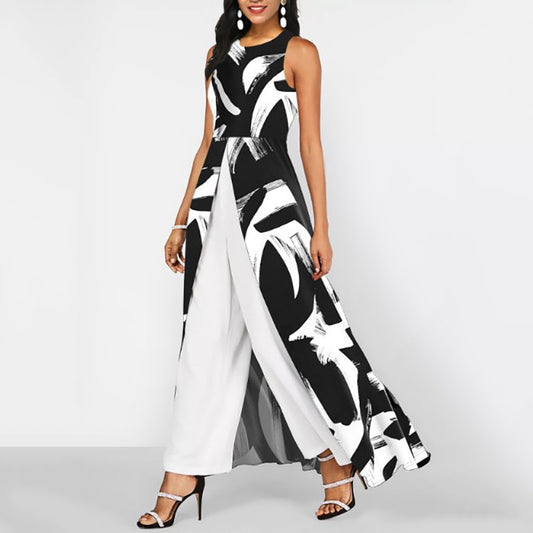 O-Neck Sleeveless Patchwork Wide Leg Pants Set