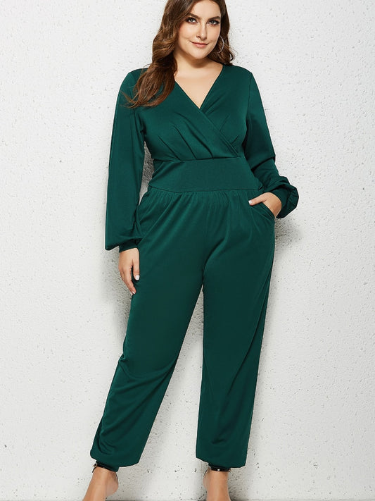 Elegant Lantern Sleeve V-neck Ruched High Waist Jumpsuit