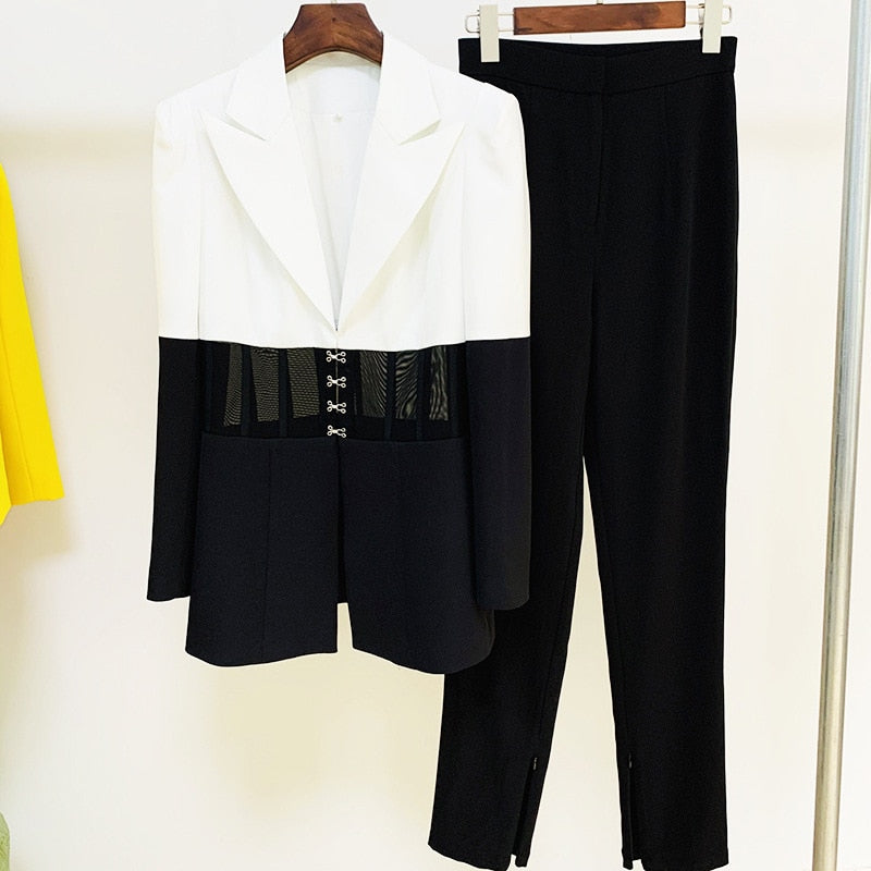 Colorblock Two Piece Notched Collar Long Sleeve Blazer Top & High Waist Pants