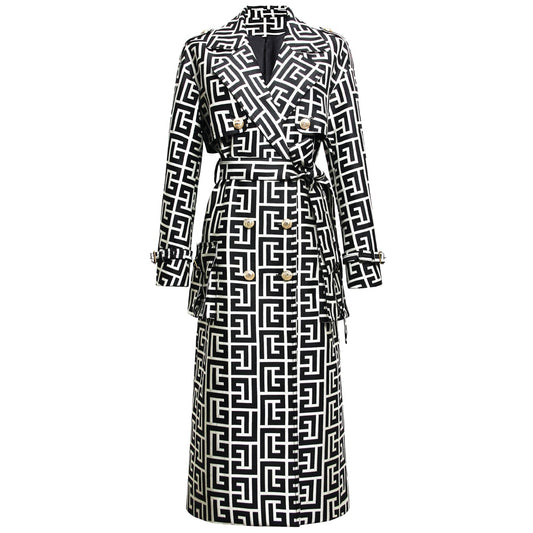 Print Belted Mandarin Collar Double-sided Hepburn Mid-length Trench Coat