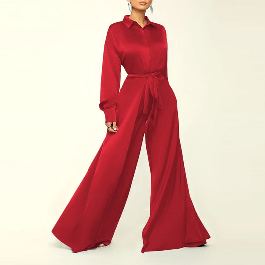 Satin Silk Lapel Long Sleeve Belted Wide Leg Pant Jumpsuit