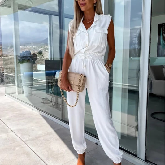 Casual Sleeveless Lapel Button Suit Pocket Elastic Waist Cargo Jumpsuit