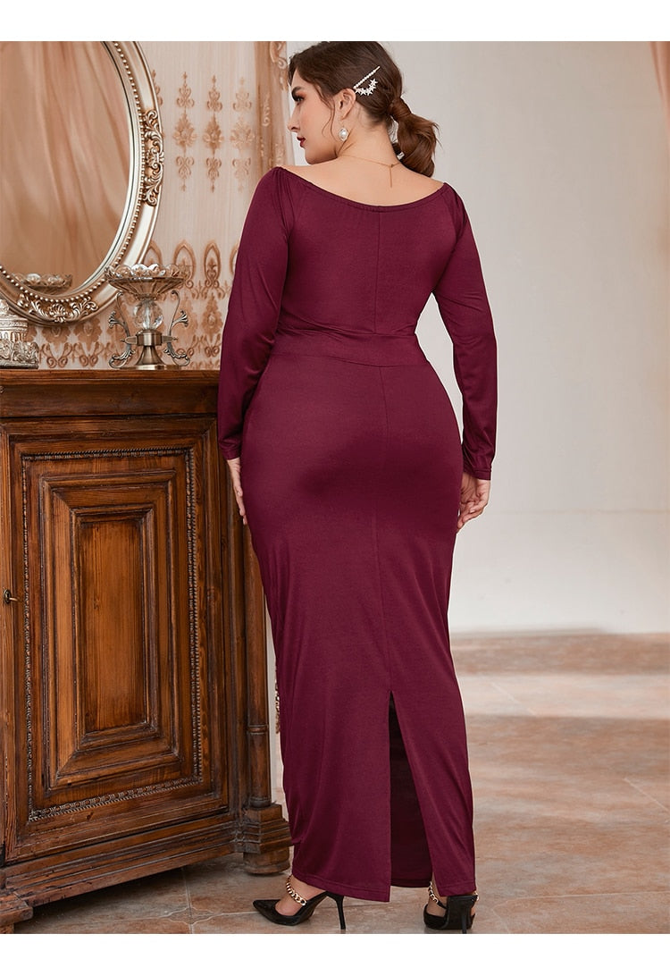 Lace Slash V-Neck Gloss Design Long Sleeve Dress