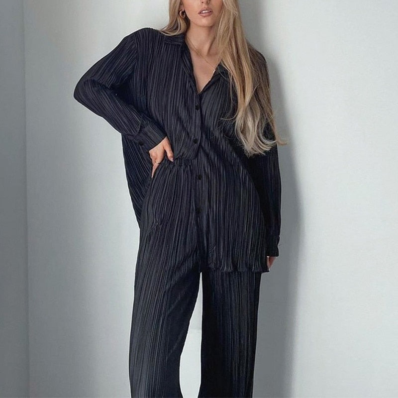 Lapel Jacket And Wide Leg Trousers Set