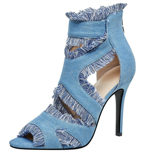 Denim Jeans Peep Toe Zip Up Cut-out Heeled Sandals With Fringe Tassels