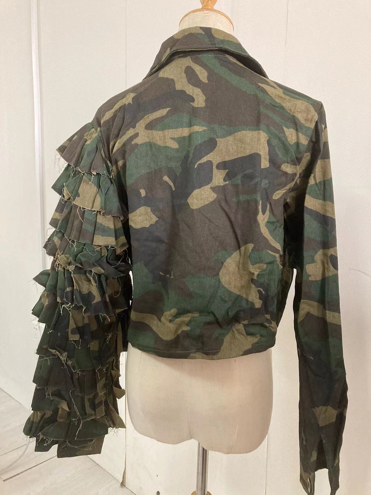 Camouflage Cascading Ruffles Flare Sleeve Button Up Jacket