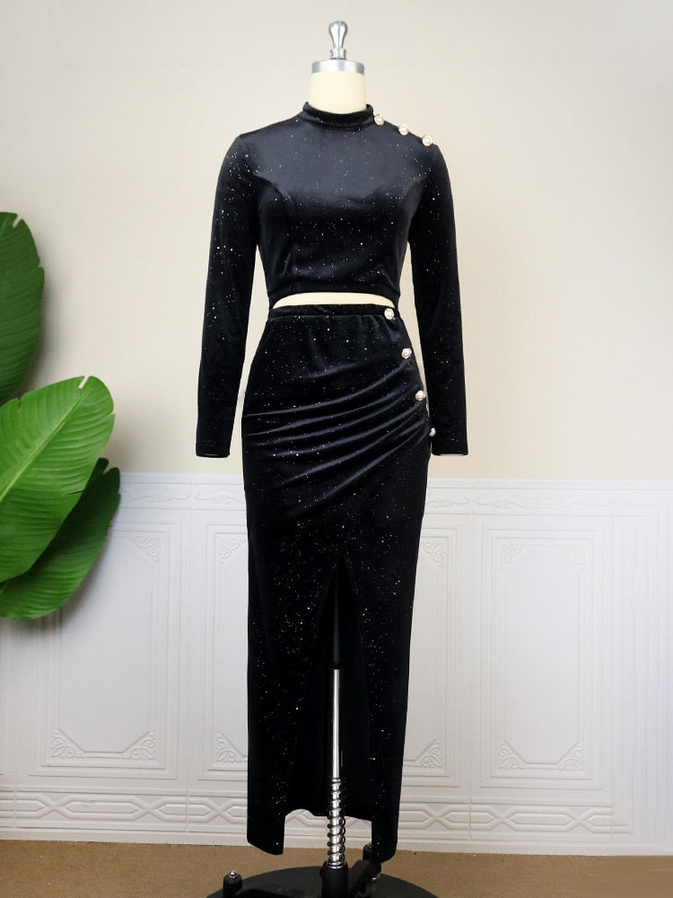 Velvet Elastic High Waist Long Sleeve Glitter Navel Pleated Skirt Set