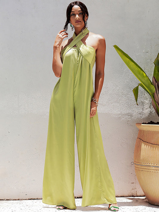 Tube Top Changeable Long Belt A-Line Loose Satin Jumpsuit