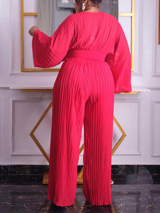 Long Sleeve V Neck Loose Elegant Pleated Wide Leg Jumpsuit