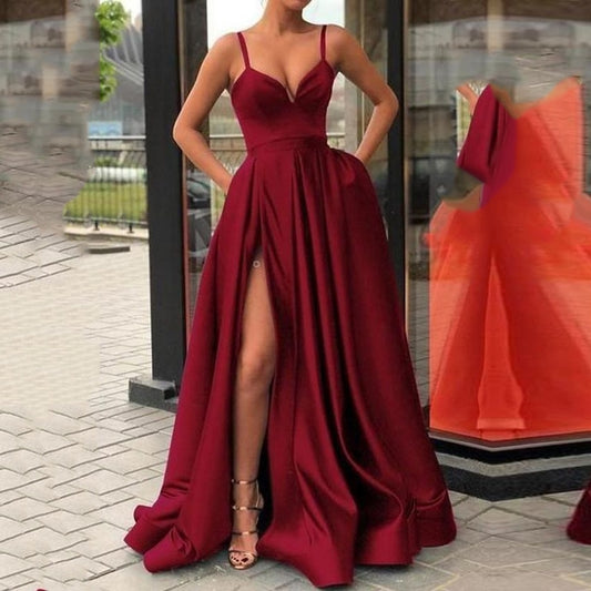 High Waist Corset V Neck Side Slit Long Maxi Dress