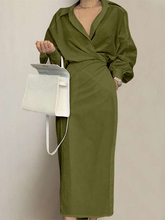 Long Sleeve Elegant Belted Casual Pleated Midi Dress – Nichole's Array ...