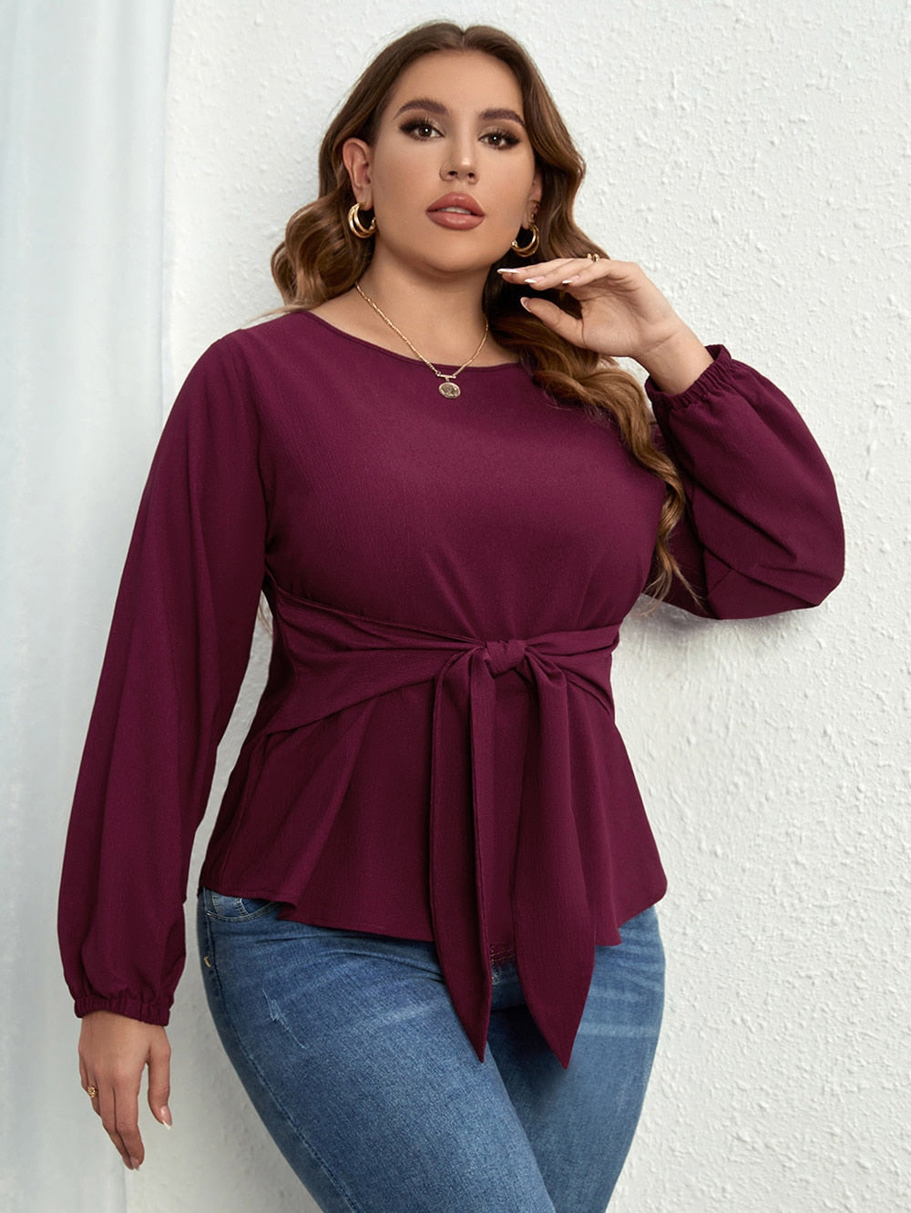 Tie Front Round Neck Solid Blouse