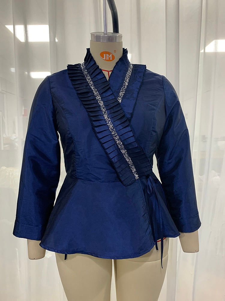 Blue Belt Ruffle Long Sleeve Casual Elegant Suit Jacket
