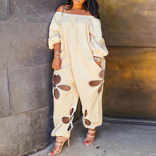 Hollow Out Loose Slash Neck Casual Jumpsuit