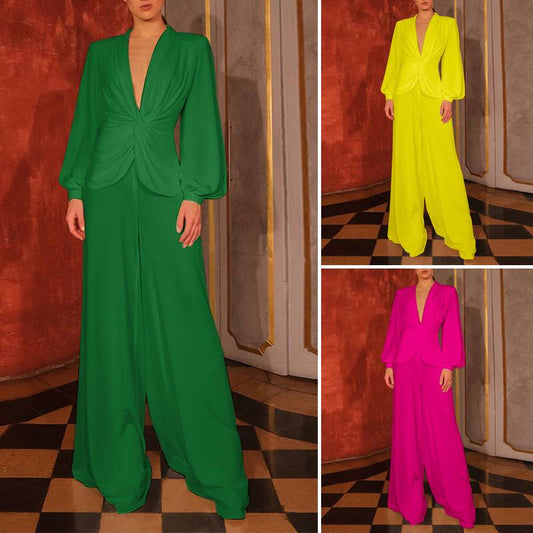 V-Neck Blusas Tops & Long Pant Suit