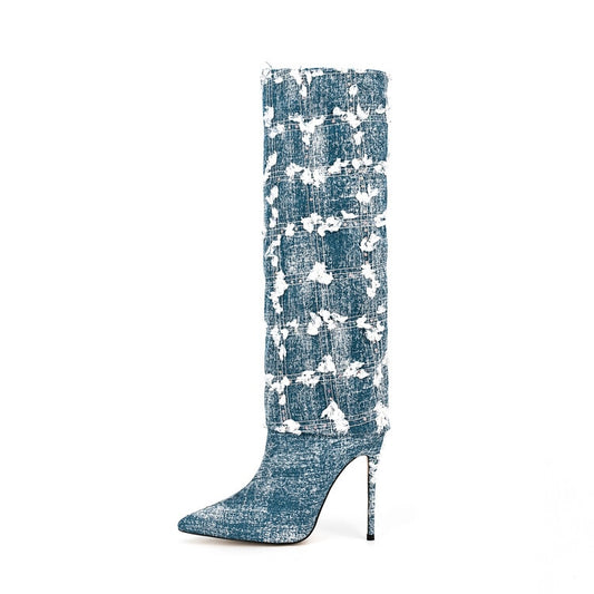 Denim Rhinestone Tassel High Heel Customized Boots