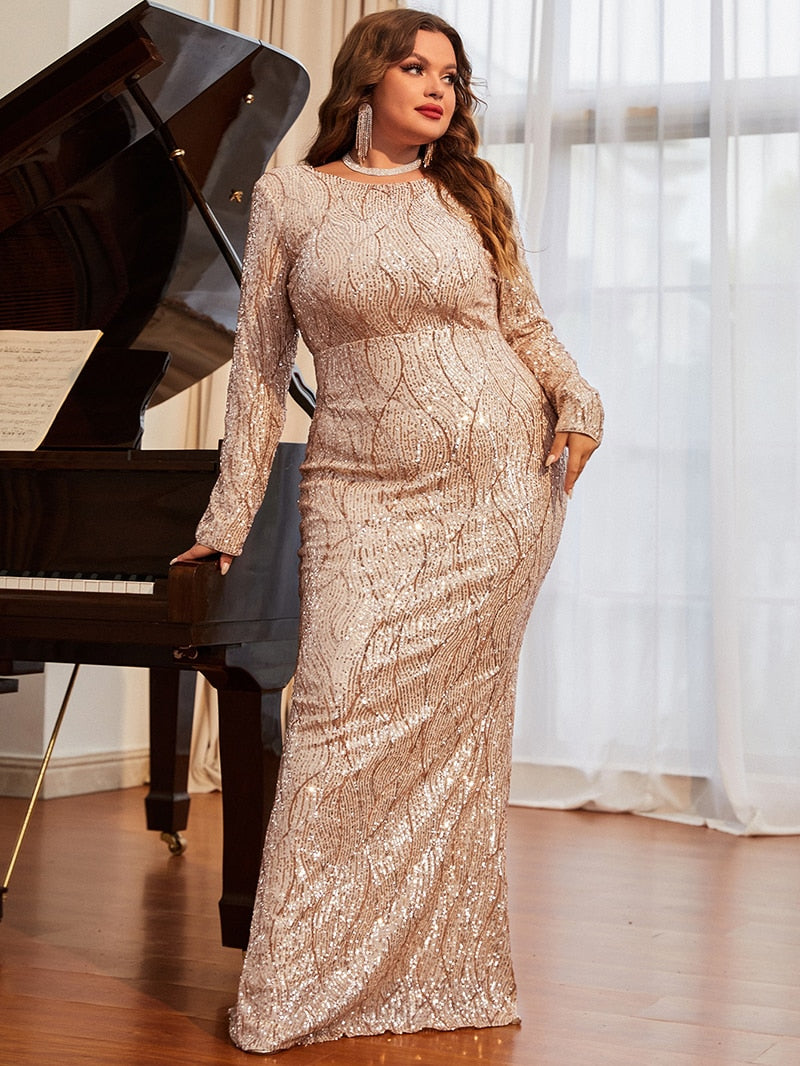 Backless Long Sleeve Gold  Sequined Maxi Dress
