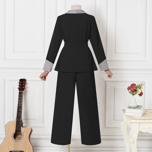 Long Sleeve Blazer And Flare Leg With Belt Palazzo Pants Suit