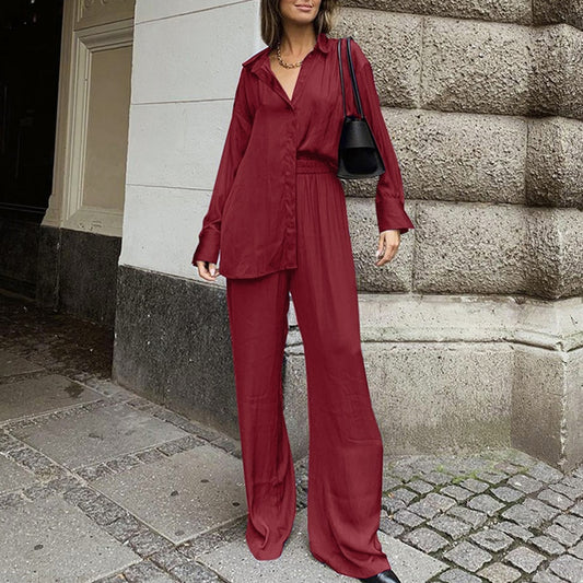 Two-piece Lapel Long Shirt and Wide Leg Pants Sets