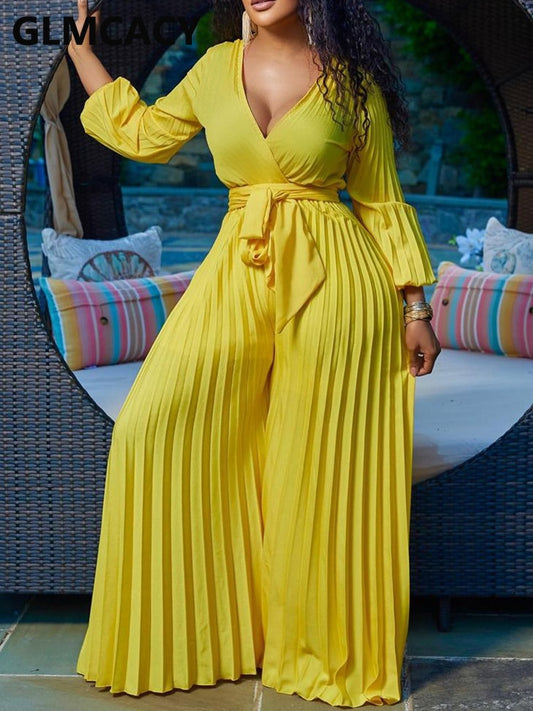 Elegant V Neck Pleated Jumpsuit Casual Wide Leg Loose Jumpsuit