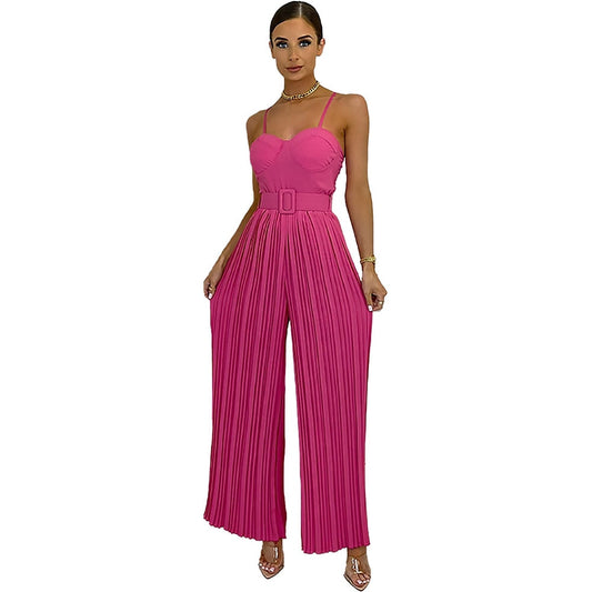 Casual Suspender Sleeveless Pleated Wide Leg Jumpsuit