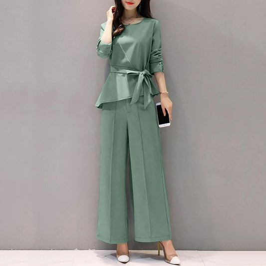 Lace-Up Matching Long Sleeve O-Neck Blouse And Wide Leg Pants Set