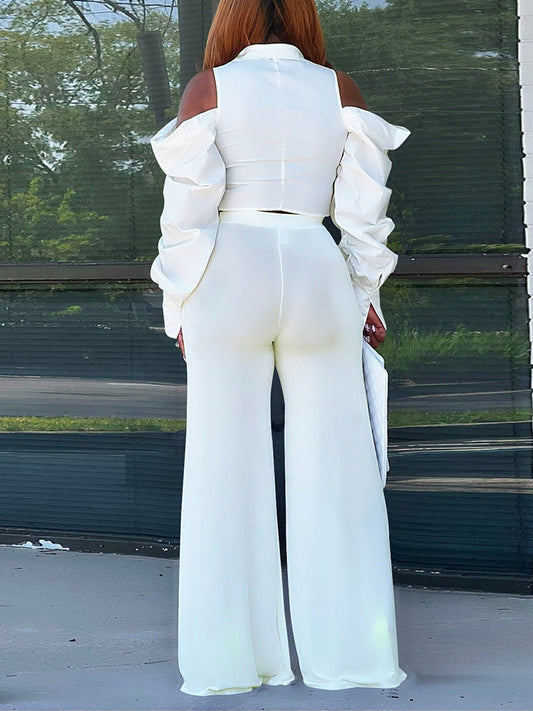 Two Piece Cold Shoulder Crop Top & Wide Leg Pants Set