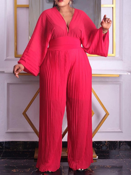 Long Sleeve V Neck Loose Elegant Pleated Wide Leg Jumpsuit