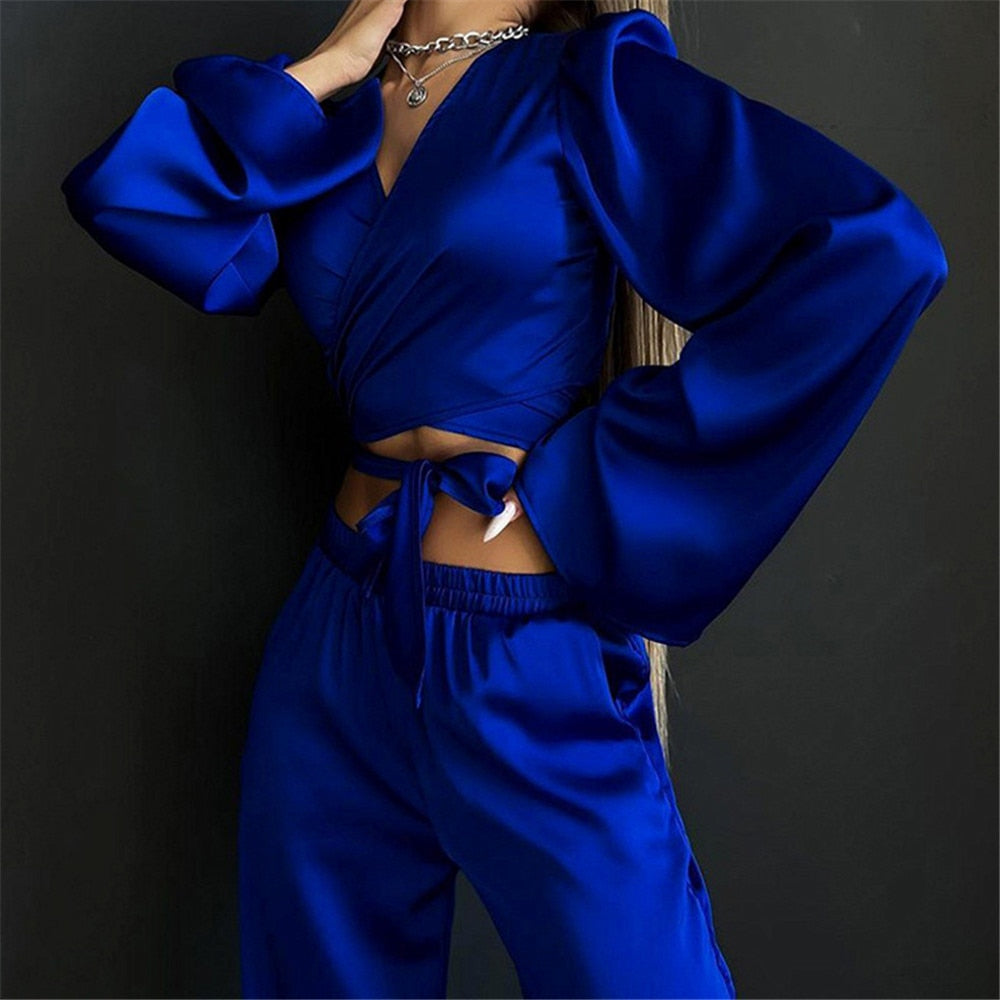 V-neck Satin Two Piece Cross Lace Up Cropped Long Sleeve Tops & Wide Leg Pants Suit