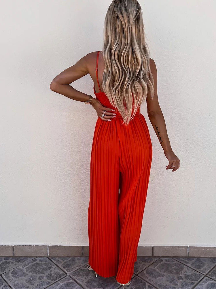 Spaghetti Strap Wide Leg Long Casual Jumpsuit with Belt